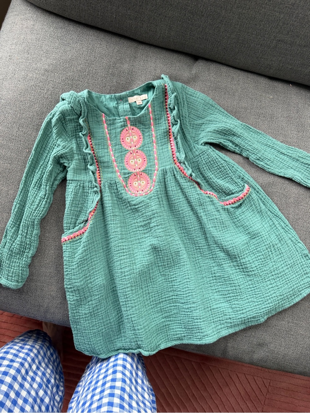 Louise Misha Turquoise Green Girls' Gauze Dress with Pink Embroidery 8y
